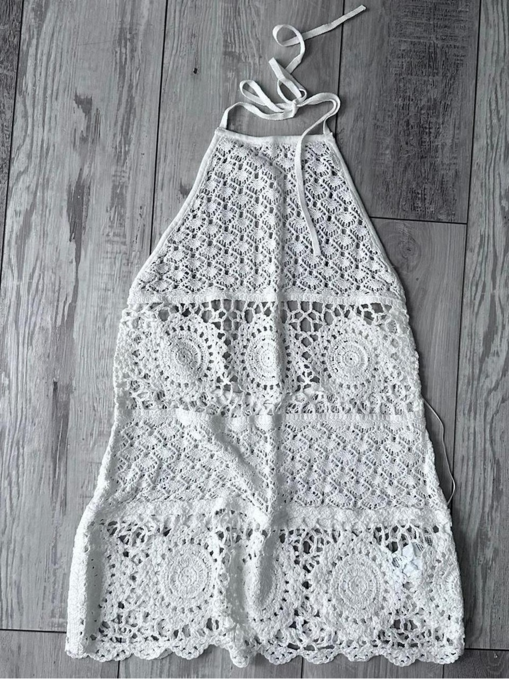Hollister Y2K White Crochet Halter Cover-Up Dress